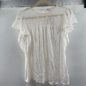 DR2 Womens Blouse Size XS White Floral Sheer‎ Flutter Sleeve Blouse Top